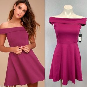 Lulus Season of Fun Off-the-Shoulder fit and flare pink Skater dress